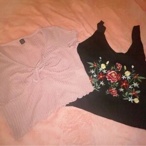 SHEIN Pink Ribbed Tie-Front Crop Top